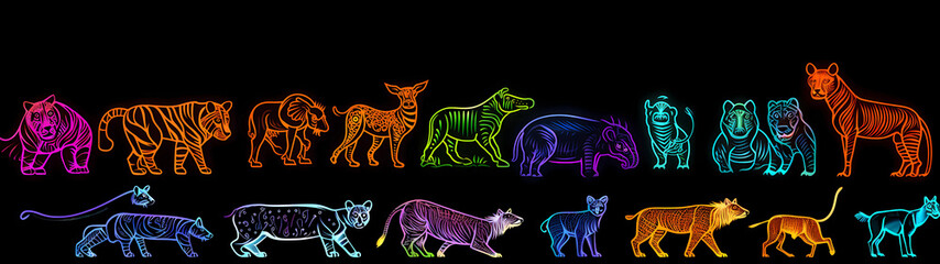 Fototapeta premium Ultra-Wide Background of Animals in Neon Glowing Outline Style (Generative AI)