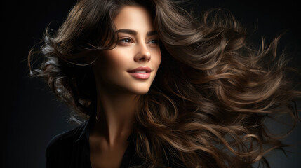 Young Woman with Hairstyle flying on Wind over Dark. Generative AI