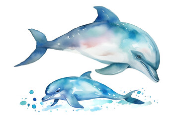 Obraz na płótnie Canvas watercolor painting illustration of dolphin swimming with their little baby dolphin in pastel paint drops isolated on a white background , generative AI