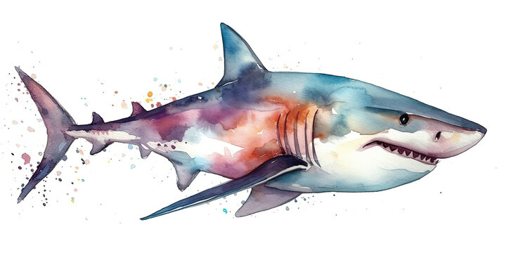 watercolor painting illustration of colorful shark swimming in paint drops and splashes on white background , generative AI