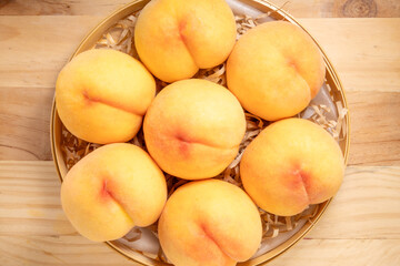 Fresh Yellow Peach, Yellow Peach fruit on wooden background, 