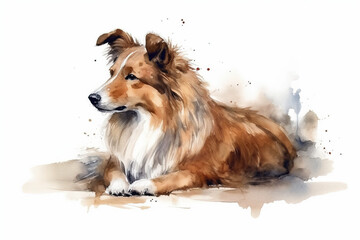 Watercolor illustration of shetland sheepdog portrait with drops and splashes of watercolor paint on white background , generative AI