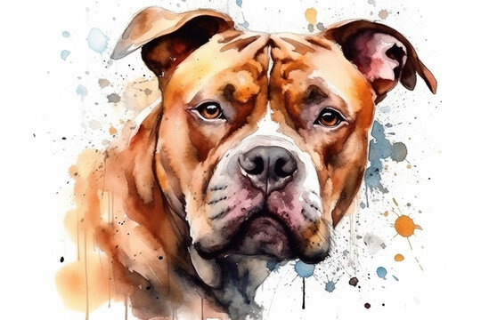 Watercolor illustration of dogue de bordeaux portrait with drops and splashes of watercolor paint on white background , generative AI