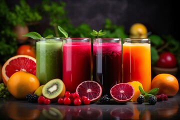 Fototapeta na wymiar Shots of fresh juices , different fruits and colors, natural energizing Immune-boosting with healthy vitamins and nutrients | Generative AI