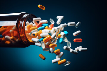 Prescription opioids, with bottle of many pills falling on dark blue background. Concepts of addiction, opioid crisis, overdose and doctor shopping. Mockup with a copy space. High quality image