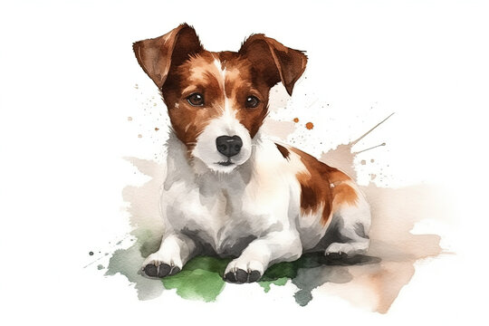 Watercolor illustration of jack russel terrier dog portrait with drops and splashes of watercolor paint on white background , generative AI
