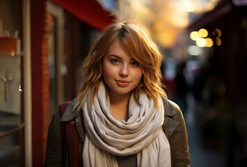 A confident plus-size woman showcasing her style in front of a trendy store
