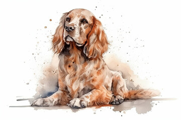 Watercolor illustration of spaniel portrait with drops and splashes of watercolor paint on white background , generative AI