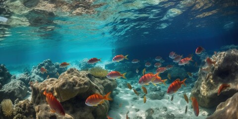 Fototapeta na wymiar flock of vivid red tropical fishes and coral reefs, underwater life, generative AI