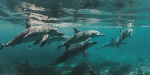 flock of dolphins underwater in the sea near the surface swimming and hunting, generative AI