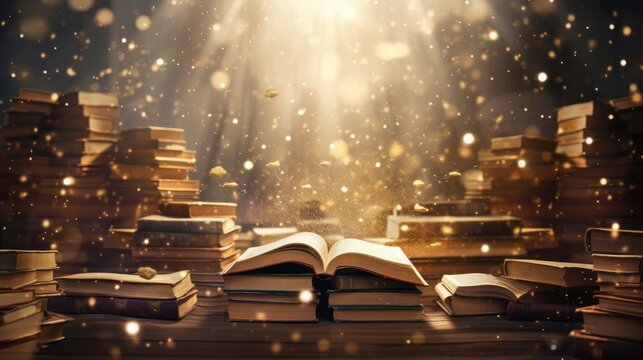 Enchanted Literature Book Stack Revealing a Magical World of Possibilities Glittering Mystical Imagination with a Glowing Enchantment - International Literacy Day