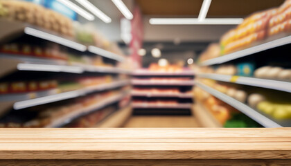 Tabletop view on modern product display in grocery or department store with wooden table and blurred backdrop for advertising and promotion on table showcase. Flawless