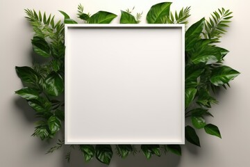 Mockup frame, A wooden frame layout embraced by the trailing tendrils of a luxuriant green plant along its boundaries. Generative AI