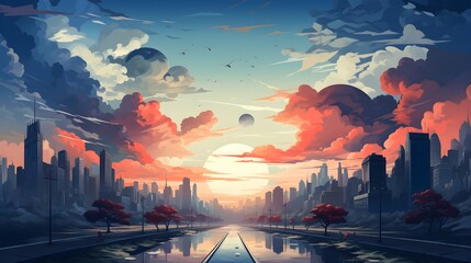 Fototapeta premium Serenity in the Skyscape: Captivating Futuristic City Illustration