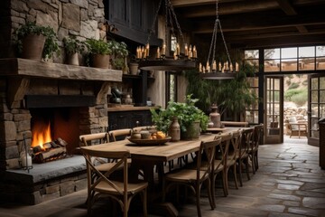 Fototapeta premium Warm and welcoming, a rustic dining room features a wooden table, mismatched chairs, and a grand chandelier, creating a charming atmosphere. Generative AI