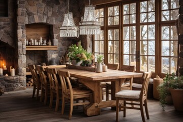 Fototapeta na wymiar Cozy and inviting, a rustic dining room boasts a wooden table, mismatched chairs, and an oversized chandelier, setting a warm ambiance. Generative AI