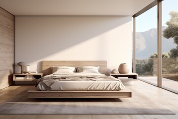 Clean and serene, a minimalist bedroom showcases a sleek platform bed, neutral shades, and generously sized windows welcoming in natural light. Generative AI
