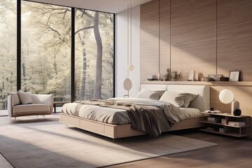 Clean and serene, a minimalist bedroom showcases a sleek platform bed, neutral shades, and generously sized windows welcoming in natural light. Generative AI