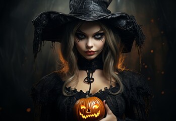 Woman dressed up as a witch with a pumpkin in her hand