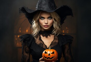 Woman dressed up as a witch with a pumpkin in her hand