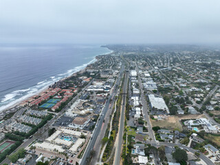 Aerial view of Del Mar coastline and beach, San Diego County, California, USA. Pacific ocean 