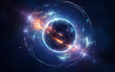 Glowing spaceship orbits sphere in deep space
