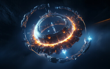 Obraz premium Glowing spaceship orbits sphere in deep space