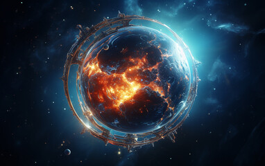 Obraz premium Glowing spaceship orbits sphere in deep space