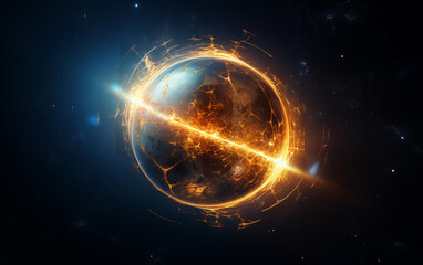 Glowing spaceship orbits sphere in deep space