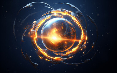 Fototapeta premium Glowing spaceship orbits sphere in deep space