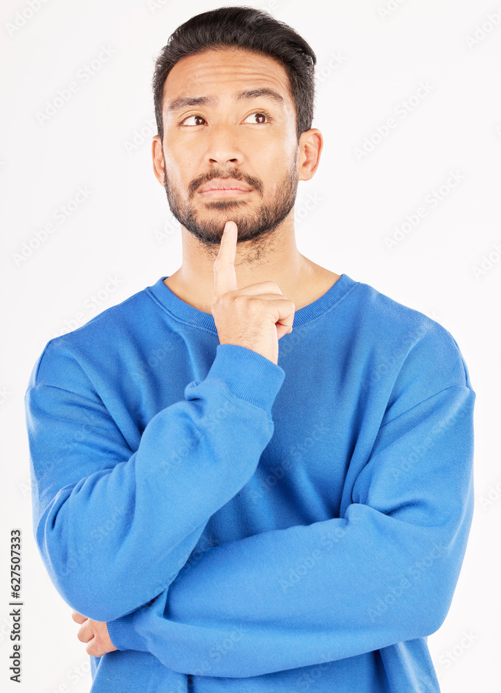 Aufkleber asian man, thinking face and ideas in studio, white background and vision of mindset, planning futur