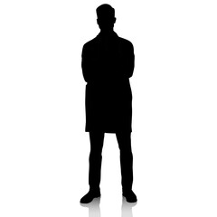 Silhouette of a doctor in a white coat with crossed hands. Male healthcare worker. Hand-drawn vector illustration set isolated on white