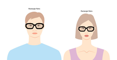 Rectangular retro frame glasses on women and men flat character fashion accessory illustration. Sunglass front view unisex silhouette style, rim spectacles eyeglasses, sketch style outline isolated