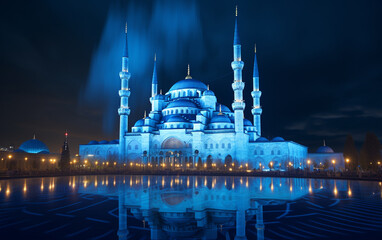 Fototapeta na wymiar Illuminated minaret symbolizes spirituality in famous Blue Mosque