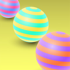 Abstract background with 3d striped spheres. Pink, green, orange  and purple soft bubbles. Vector illustration of balls textured   striped pattern. Modern cover concept. Decoration element for banner 