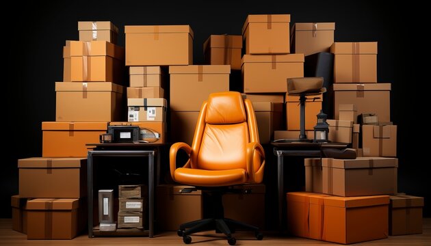 an office chair and neatly stacked moving boxes