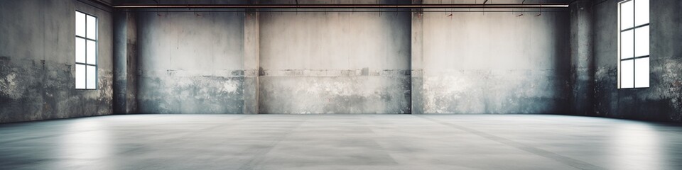 Concrete floor inside industrial building. Use as large factory, warehouse, storehouse, hangar or plant, empty space for industry background, extra wide