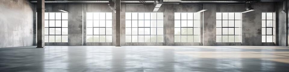 Concrete floor inside industrial building. Use as large factory, warehouse, storehouse, hangar or plant, empty space for industry background, extra wide