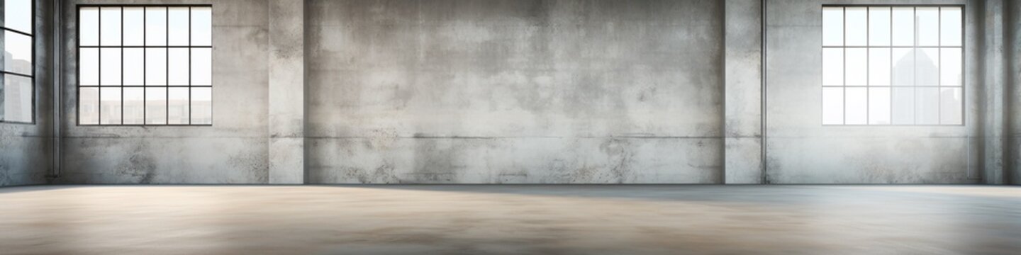Concrete floor inside industrial building. Use as large factory, warehouse, storehouse, hangar or plant, empty space for industry background, extra wide
