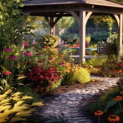 colorful garden under a gazebo ultra realistic 
