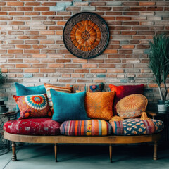 colorful pillows on a cozy couch with a brick
