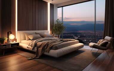 Fototapeta premium Modern apartment bedroom comfortable bed near window