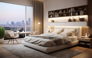 Modern apartment bedroom comfortable bed near window