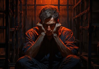 Fototapeta premium Prisoner hands holding his head