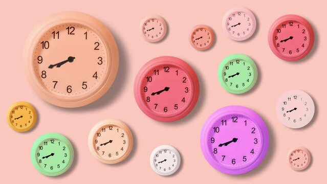 Many colorful clocks in timelapse
