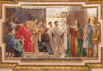 NAPLES, ITALY - APRIL 20, 2023: The fresco of Catherine talking with the philosophers in the presence of the prefect Rufus in the church Chiesa di Santa Caterina a Chiaia by Gustavo Girosi (1909).