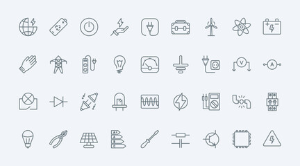 Electricity, electric circuit symbols thin line icons set vector illustration. Outline voltage power lines and lightning charge, protection gear and equipment of electrician and bulb, plug and socket