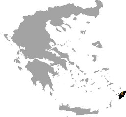 Black map of Rhodes Island with burning flame within the gray map of Greece