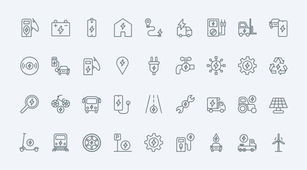 Electric vehicles and energy thin line icons set vector illustration. EV service symbols, electric power efficient consumption, production and storage to save environment, battery charger points