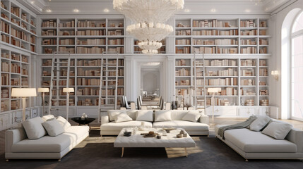 Luxury library, large, spacious, illuminated, minimalist and elegant. Walls full of books, wide spaces and large windows. Relaxing spaces.
